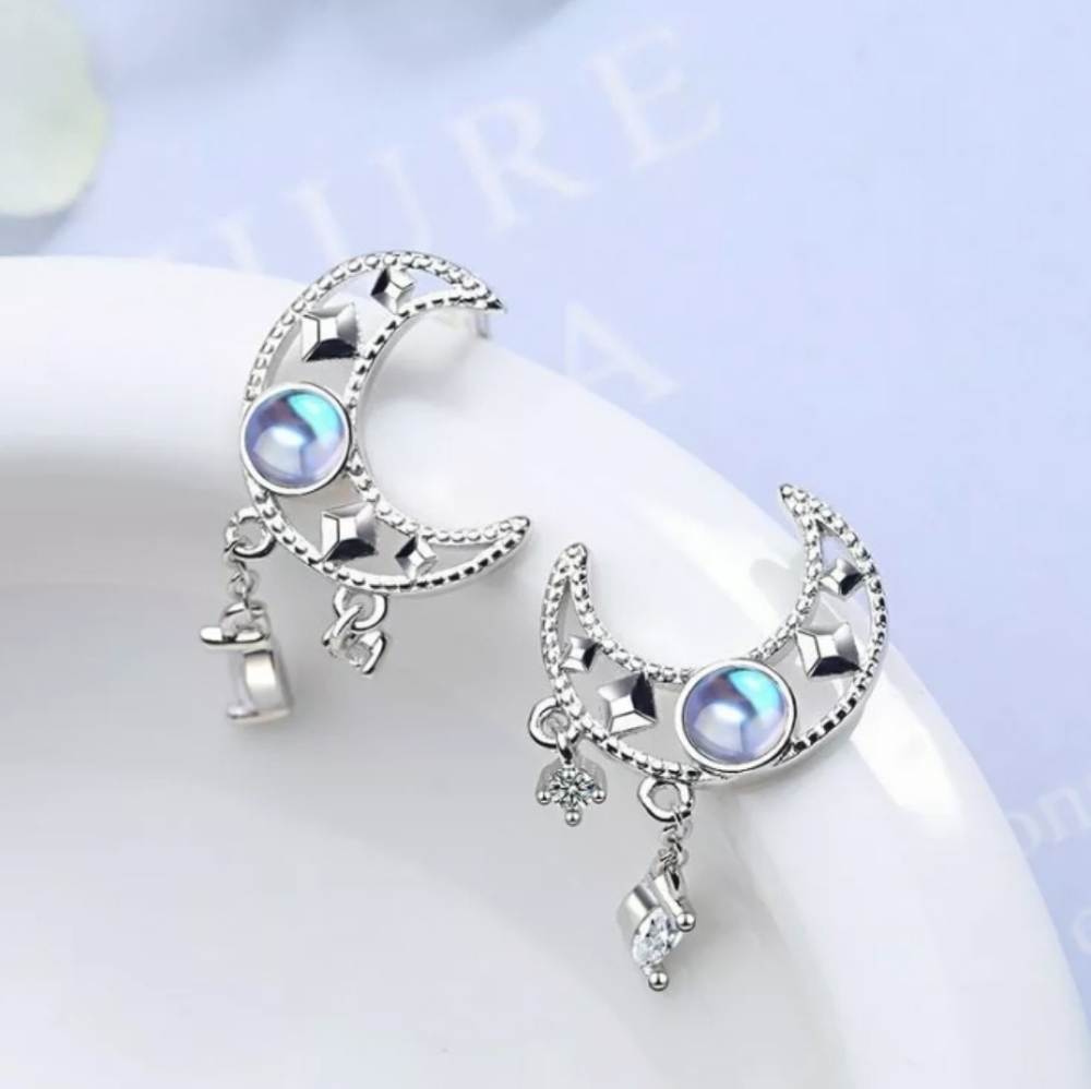Crescent Moon Moonstone Gypsy Dangle Stud Earrings